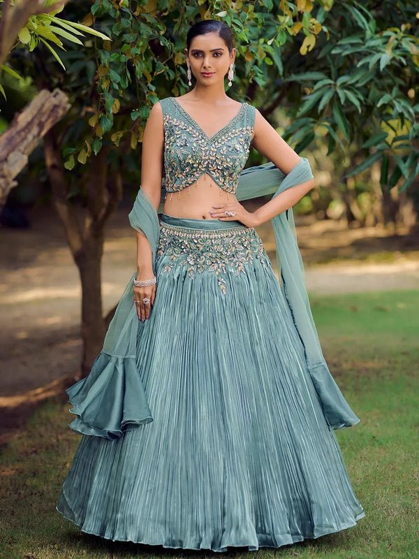 Designer Wear Sea Green Embroidered Crop Top Lehenga Choli - VJV Now