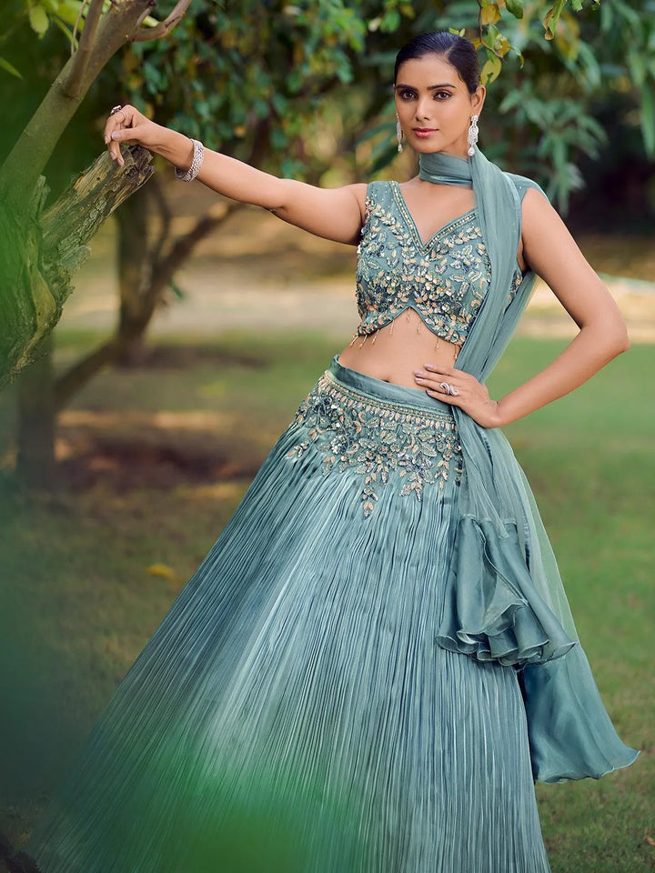 Designer Wear Sea Green Embroidered Crop Top Lehenga Choli - VJV Now