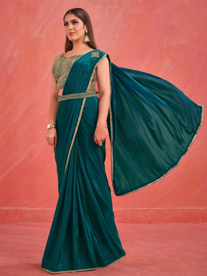 Designer Wear Sea Green Sequence & Moti Work Silk Saree - VJV Now