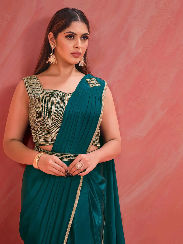 Designer Wear Sea Green Sequence & Moti Work Silk Saree - VJV Now