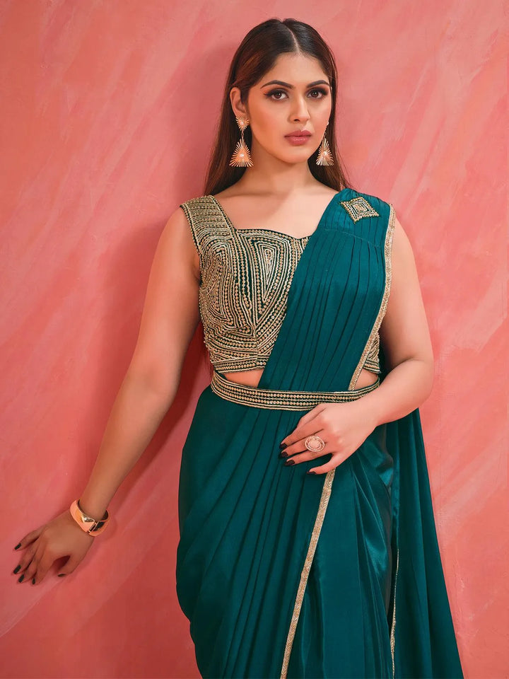 Designer Wear Sea Green Sequence & Moti Work Silk Saree - VJV Now