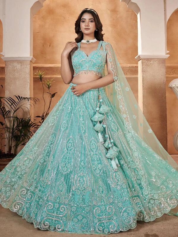 Designer Wear Sky Blue Net Embroidered Work Umbrella Lehenga Coli - VJV Now