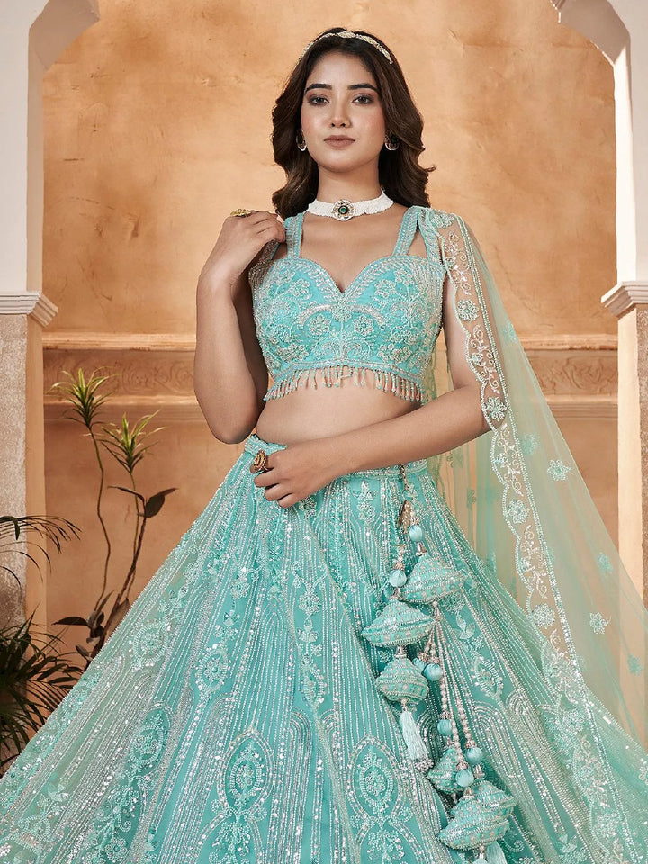 Designer Wear Sky Blue Net Embroidered Work Umbrella Lehenga Coli - VJV Now