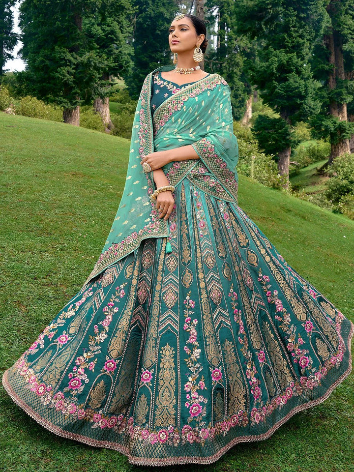 Designer Wear Teal Blue Benarasi Silk Art Embroidered and Sequins Work Umberalla Lehenga Choli - VJV Now