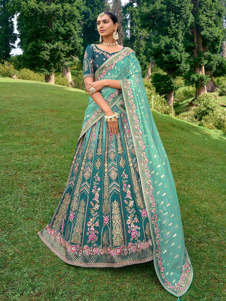 Designer Wear Teal Blue Benarasi Silk Art Embroidered and Sequins Work Umberalla Lehenga Choli - VJV Now