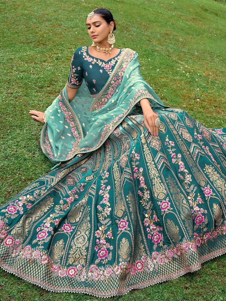 Designer Wear Teal Blue Benarasi Silk Art Embroidered and Sequins Work Umberalla Lehenga Choli - VJV Now