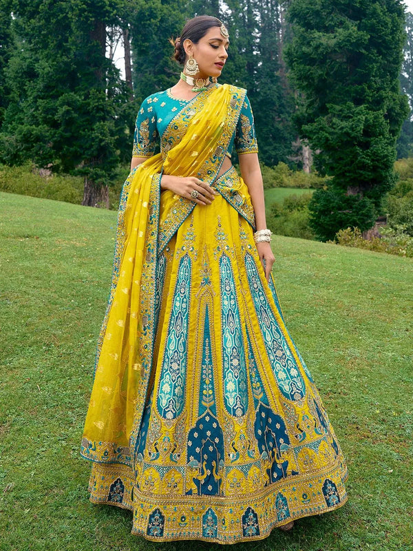 Designer Wear Yellow Benarasi Silk Art Embroidered and Sequins Work Umberalla Lehenga Choli - VJV Now