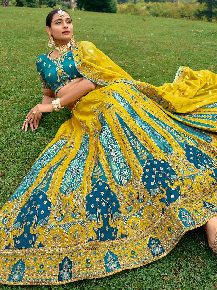 Designer Wear Yellow Benarasi Silk Art Embroidered and Sequins Work Umberalla Lehenga Choli - VJV Now