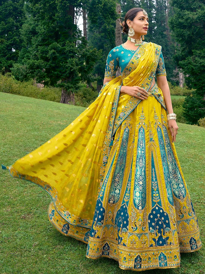 Designer Wear Yellow Benarasi Silk Art Embroidered and Sequins Work Umberalla Lehenga Choli - VJV Now