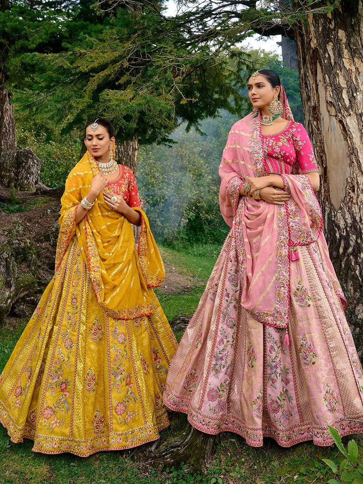 Designer Wear Yellow Benarasi Silk Art Embroidered and Sequins Work Umberalla Lehenga Choli - VJV Now