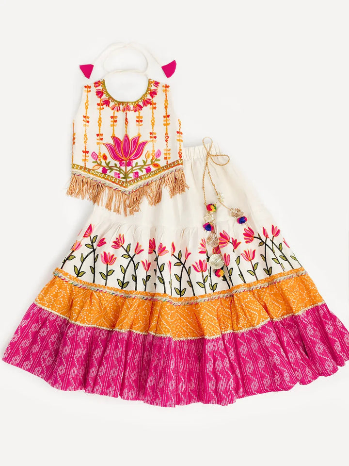 Lotus Pink Chaniya Choli Set for Girls – Embroidered Blouse & Bandhani Lehenga | Navratri, Diwali & Wedding Wear