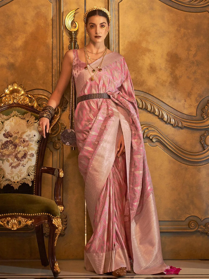 Dusty Pink Banarasi Satin Zari Work Saree - VJV Now