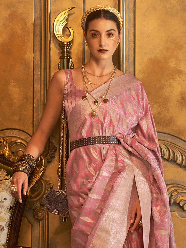 Dusty Pink Banarasi Satin Zari Work Saree - VJV Now