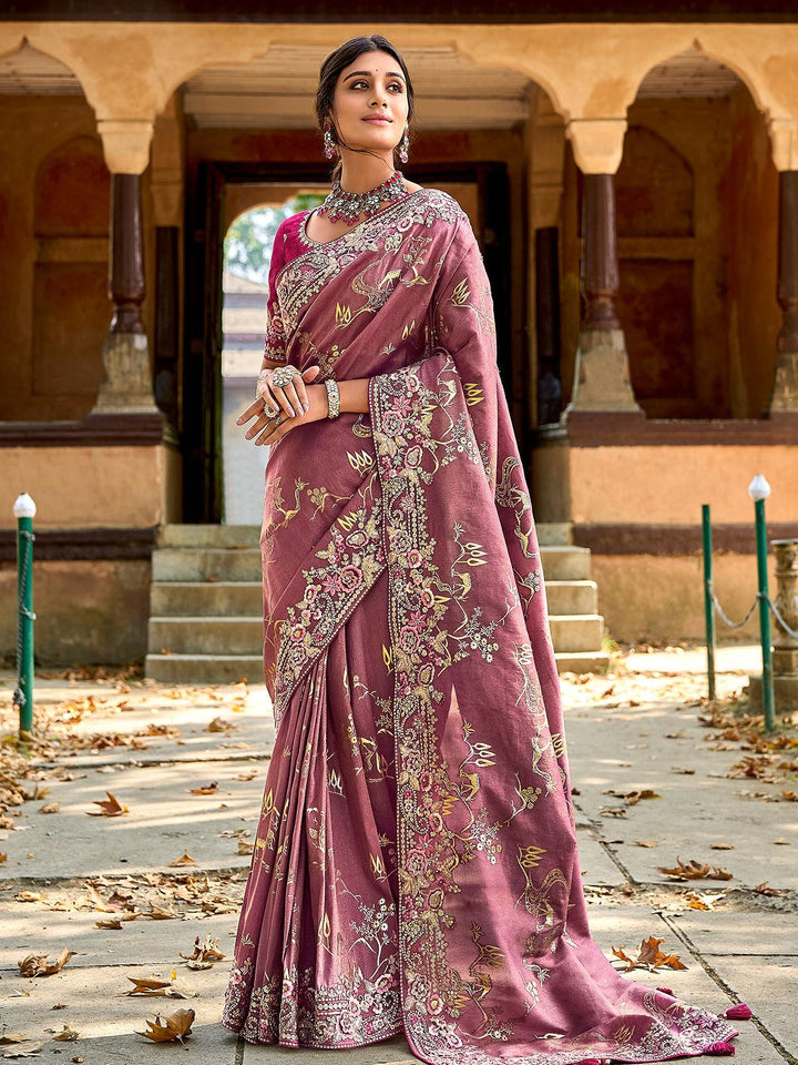 Dusty Pink Color Embroidered Banarasi Silk Saree - VJV Now