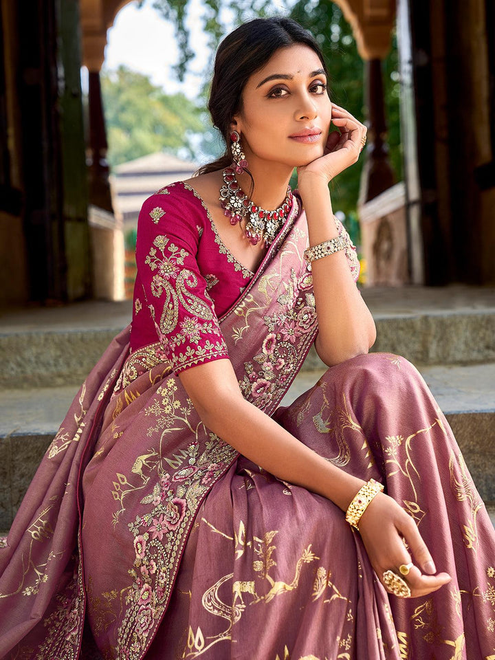 Dusty Pink Color Embroidered Banarasi Silk Saree - VJV Now