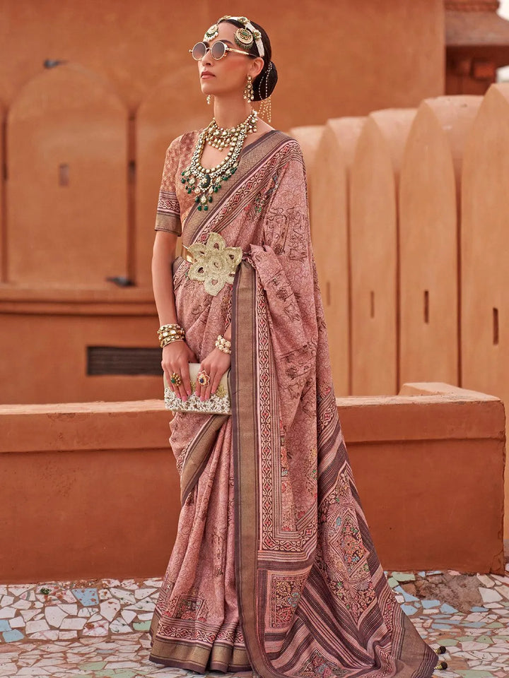 Dusty Pink Color Printed Classic Silk Saree - VJV Now