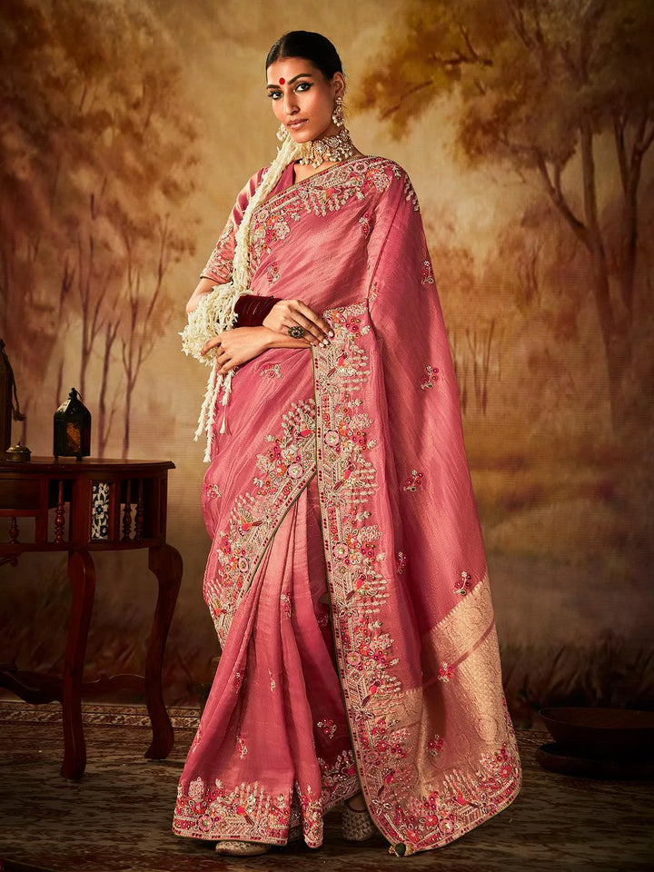 Dusty Pink Embroidered Work Silk Saree - VJV Now