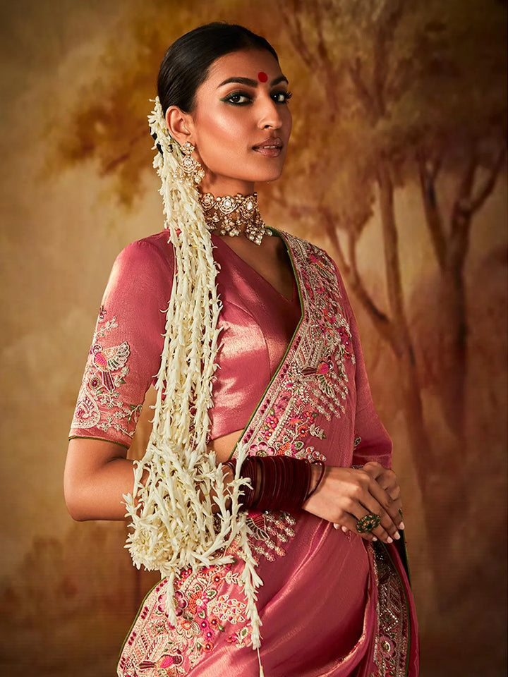 Dusty Pink Embroidered Work Silk Saree - VJV Now