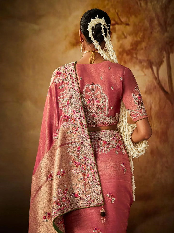 Dusty Pink Embroidered Work Silk Saree - VJV Now