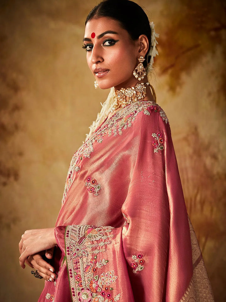 Dusty Pink Embroidered Work Silk Saree - VJV Now