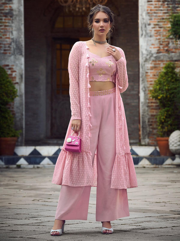 Dusty Pink Georgette Embroidered Palazzo Co-Ord Set - VJV Now