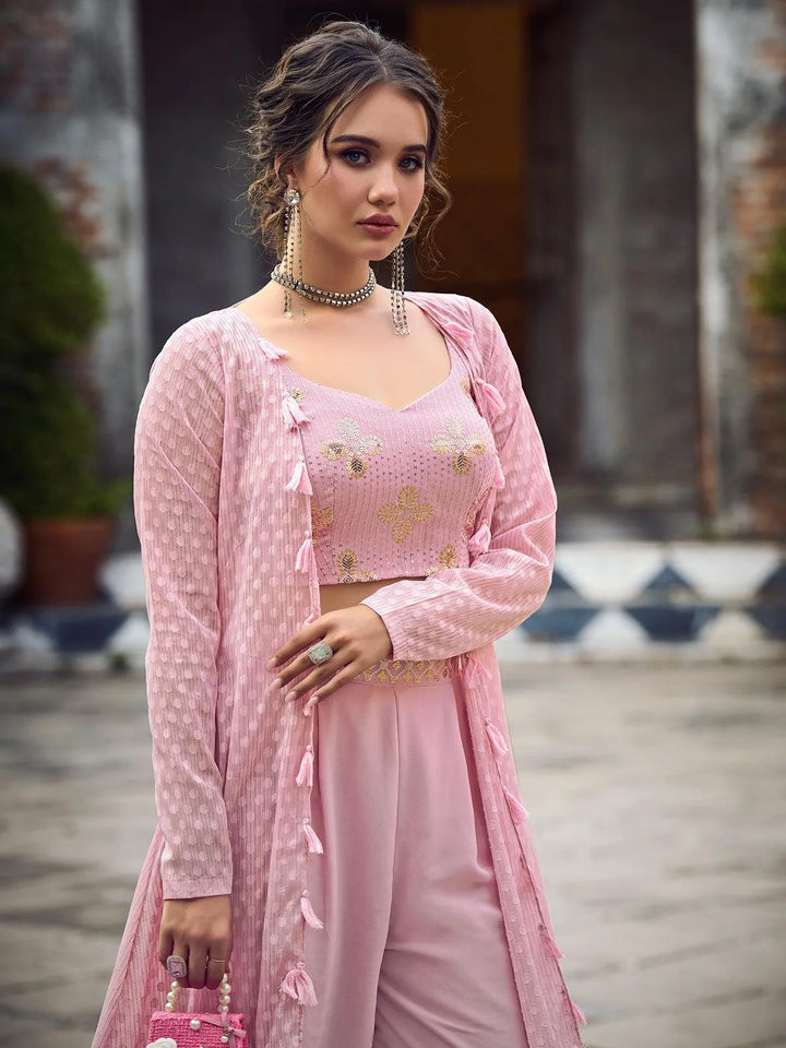 Dusty Pink Georgette Embroidered Palazzo Co-Ord Set - VJV Now