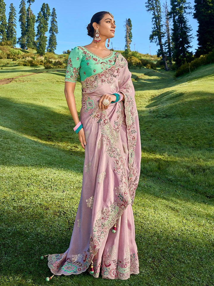 Dusty Pink Heavy Embroidered Work Designer Wear Saree - VJV Now