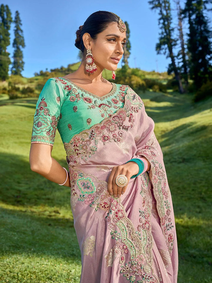 Dusty Pink Heavy Embroidered Work Designer Wear Saree - VJV Now