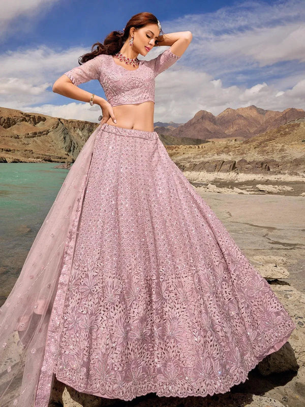 Dusty Pink Net Embroidered and Sequins Work Umberalla Lehenga Choli Designer Wear - VJV Now