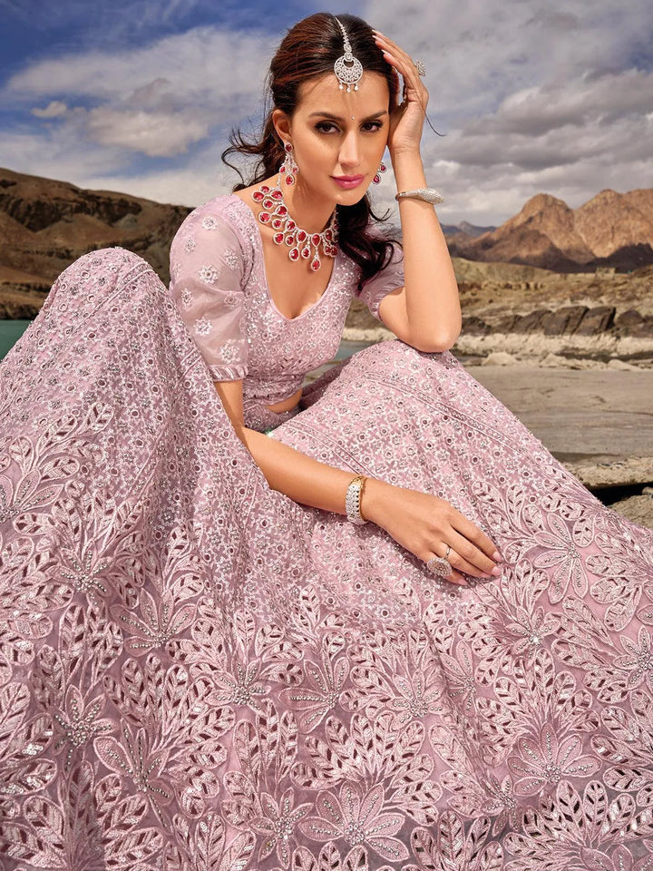 Dusty Pink Net Embroidered and Sequins Work Umberalla Lehenga Choli Designer Wear - VJV Now