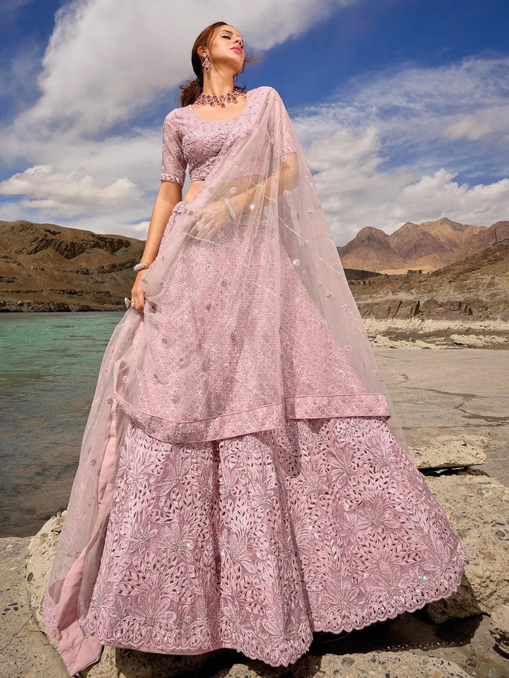 Dusty Pink Net Embroidered and Sequins Work Umberalla Lehenga Choli Designer Wear - VJV Now