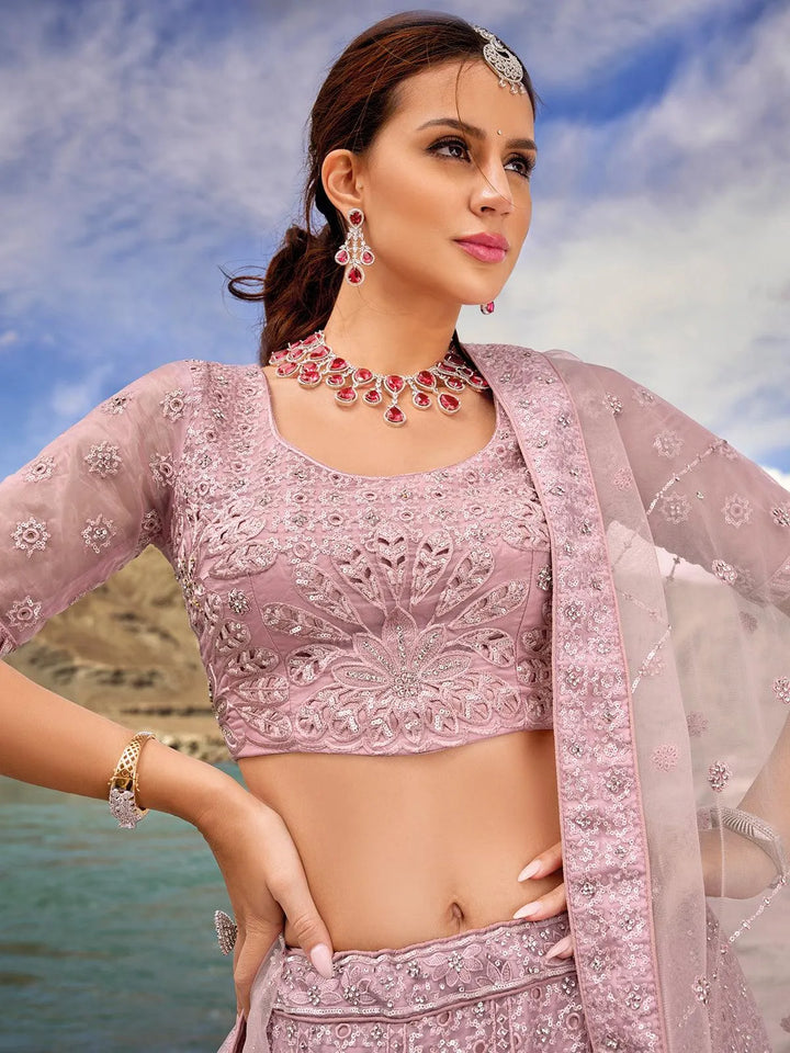 Dusty Pink Net Embroidered and Sequins Work Umberalla Lehenga Choli Designer Wear - VJV Now