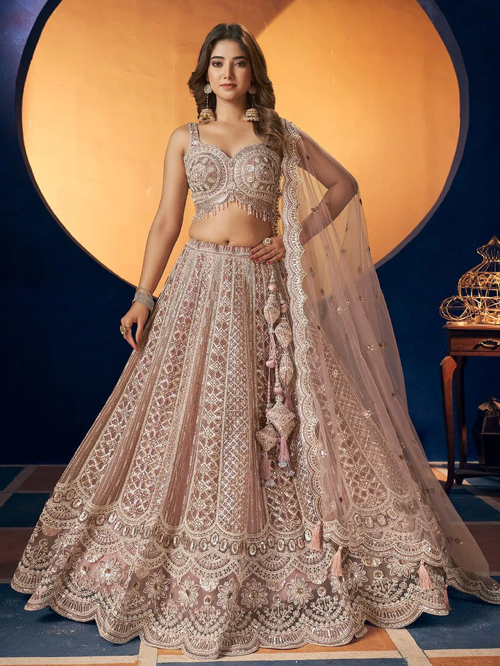 Dusty Pink Net Hand Work Umbrella Lehenga Choli - VJV Now