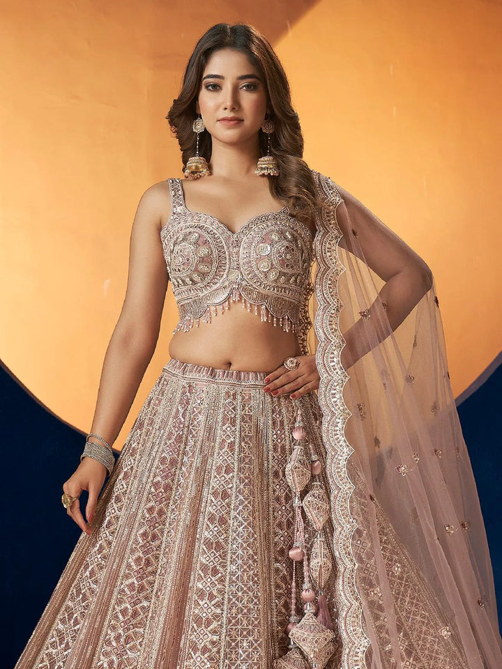 Dusty Pink Net Hand Work Umbrella Lehenga Choli - VJV Now