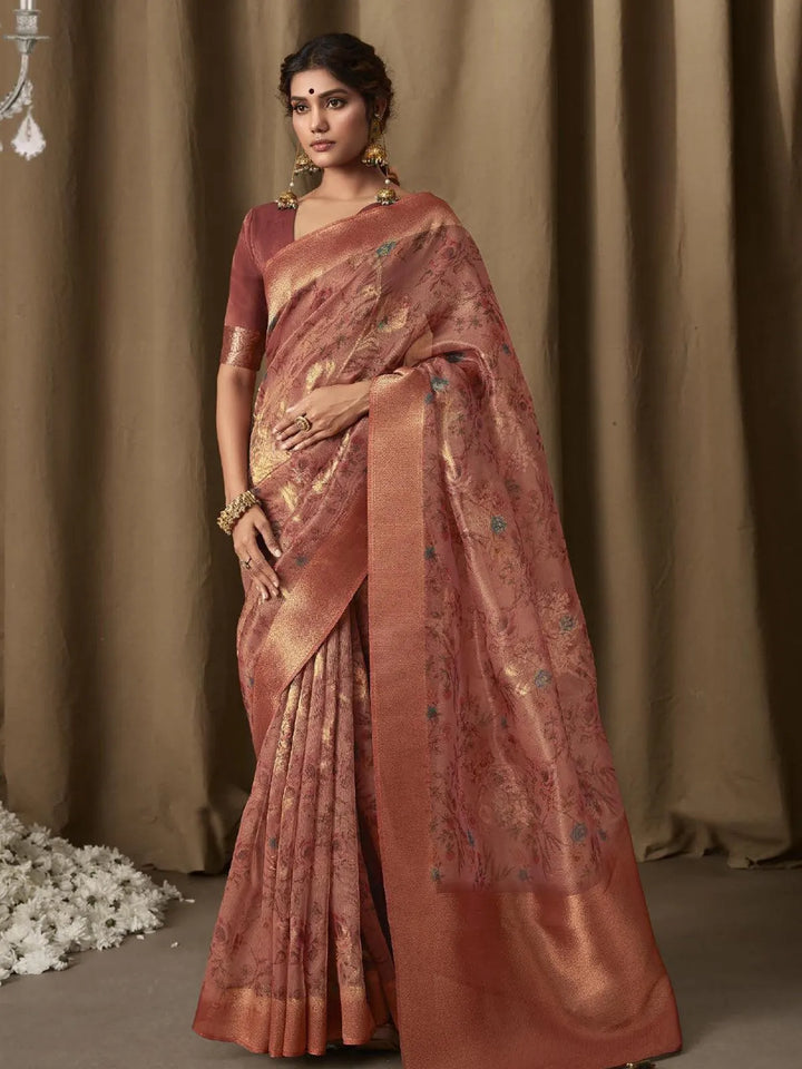 Dusty Red Digital Printed Zari Work Banarasi Saree - VJV Now