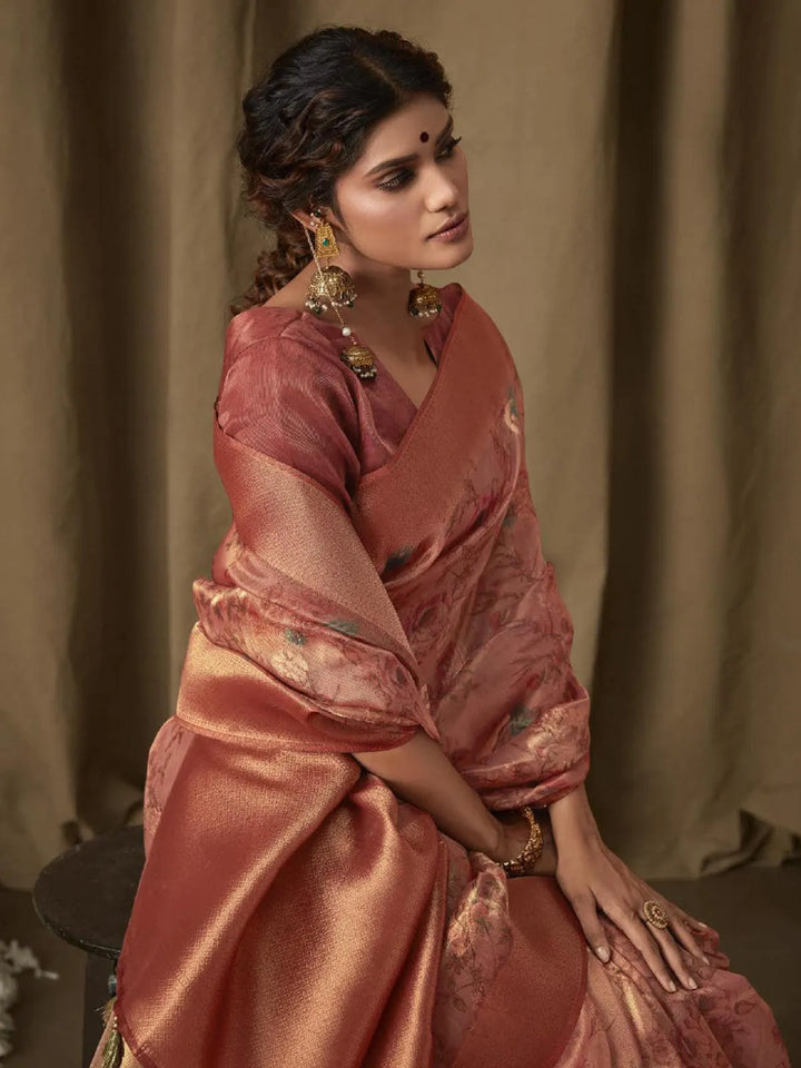 Dusty Red Digital Printed Zari Work Banarasi Saree - VJV Now