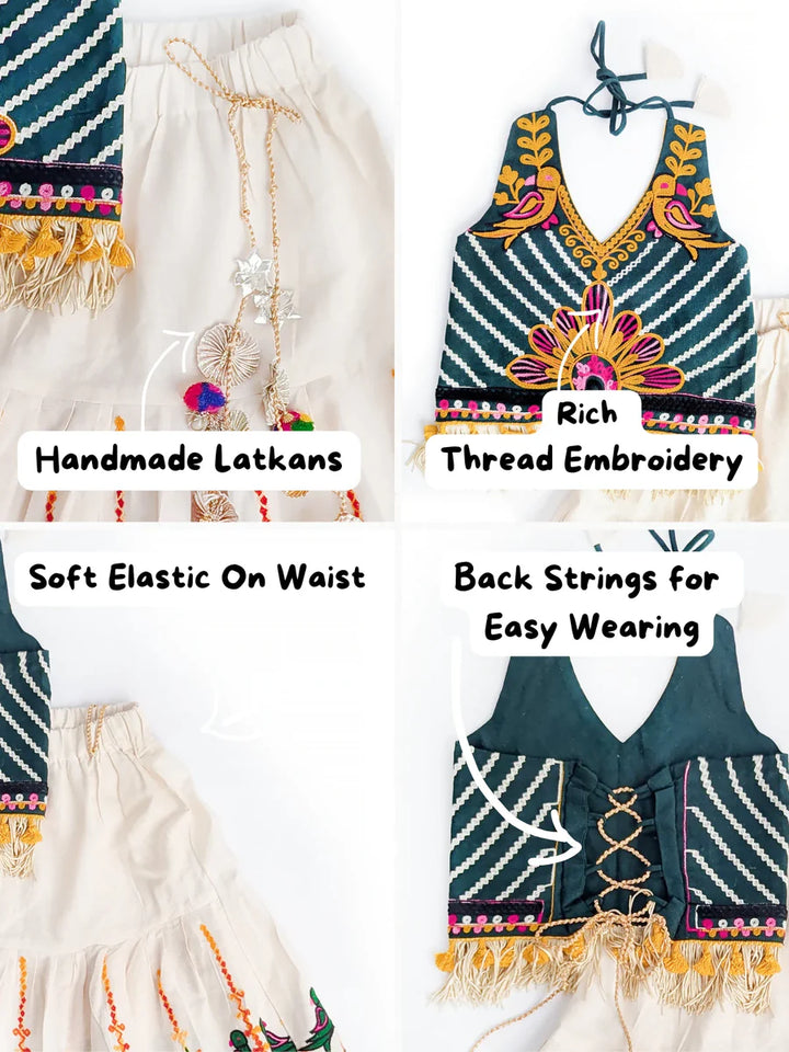 Pure Cotton Parrot Green Lehenga Choli Set with Embroidered Blouse & Ivory Bird Motif Lehenga – Festive