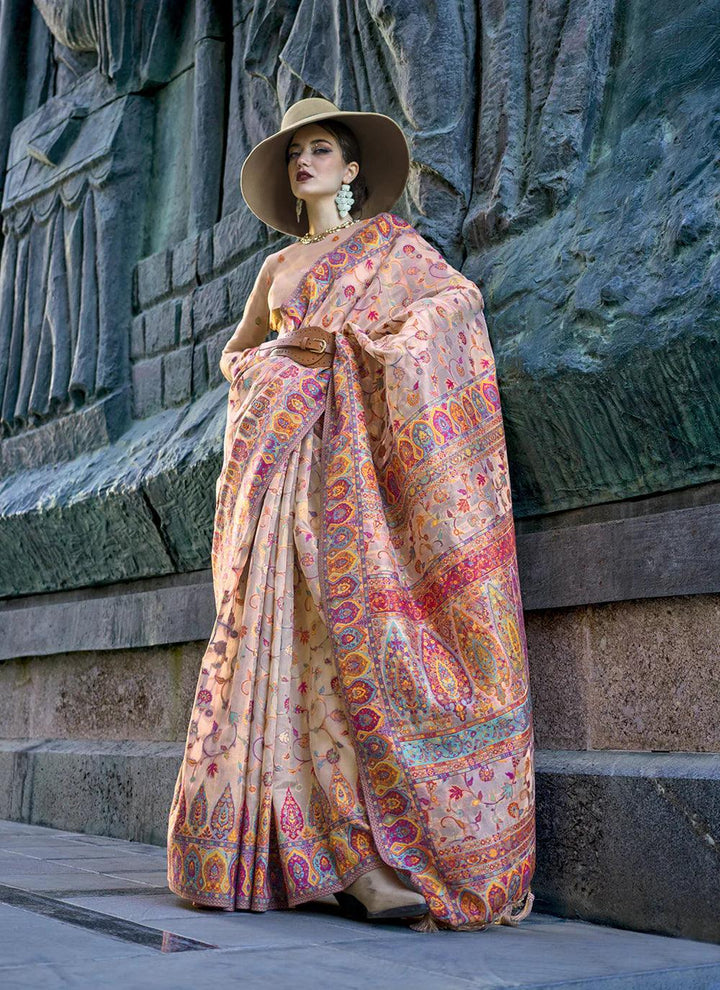Exquisite Beige Organza Festive Wear Saree with Weaving Work - VJV Now