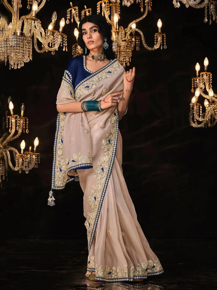 fancy Elegant Beige Sequin Saree and Navy Blue Blouse - VJV Now