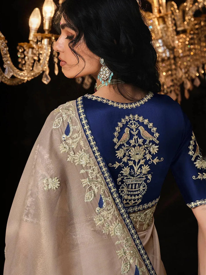 fancy Elegant Beige Sequin Saree and Navy Blue Blouse - VJV Now