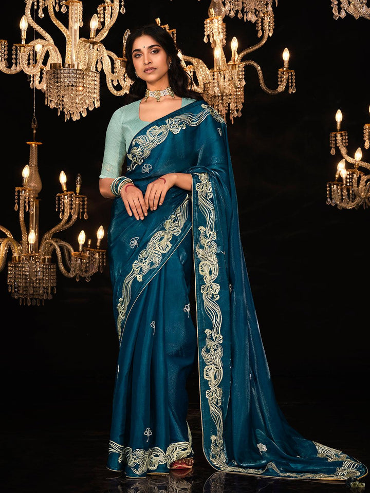 Fancy Peacock Blue Sequin Saree for party wear with Ice Blue Blouse - VJV Now