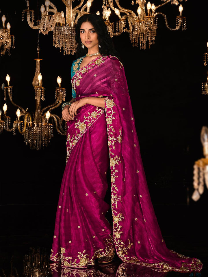 fancy Regal Rani Sequin Saree with Contrasting Sky Blue Blouse for weeding - VJV Now