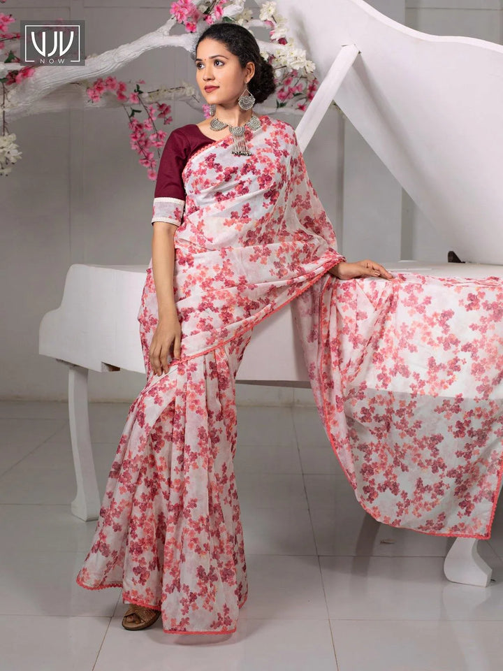 Fantastic Off White Color Printed Organza Designer Saree - VJV Now