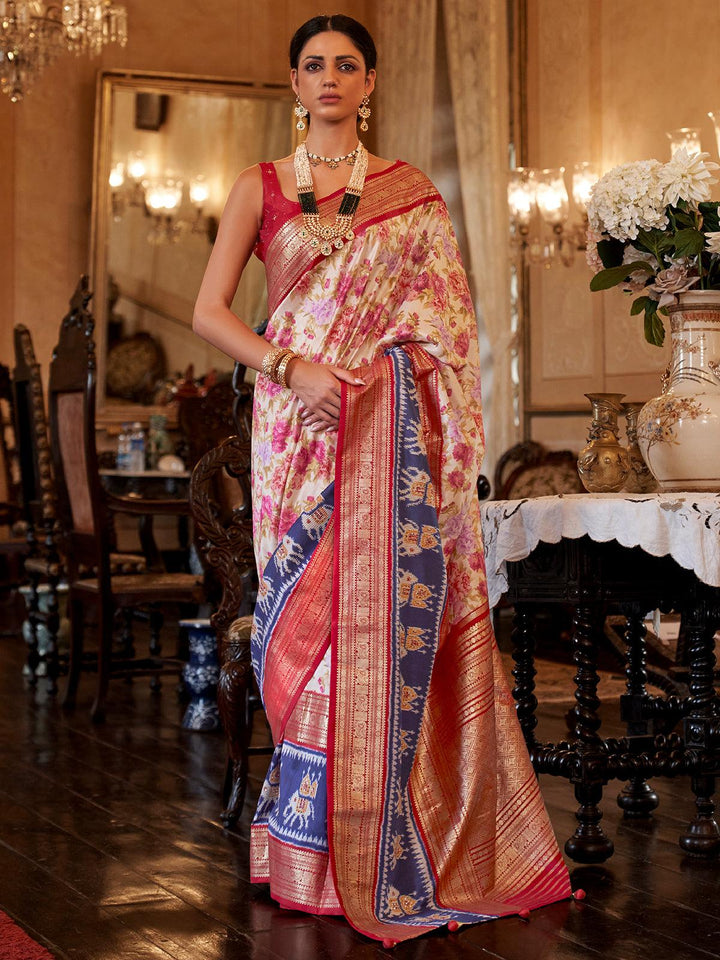 Festive Wear Beige N Red Benarasi Silk Jacquard Weaving Saree - VJV Now