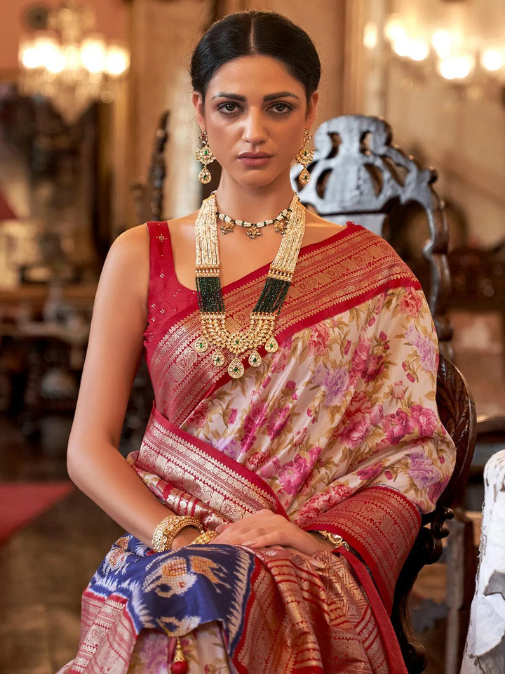 Festive Wear Beige N Red Benarasi Silk Jacquard Weaving Saree - VJV Now