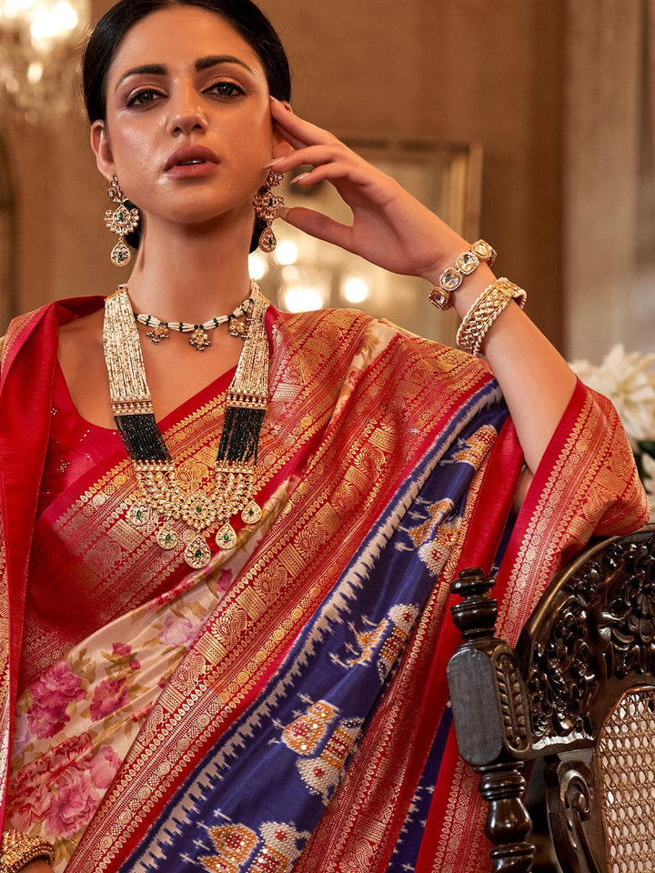 Festive Wear Beige N Red Benarasi Silk Jacquard Weaving Saree - VJV Now