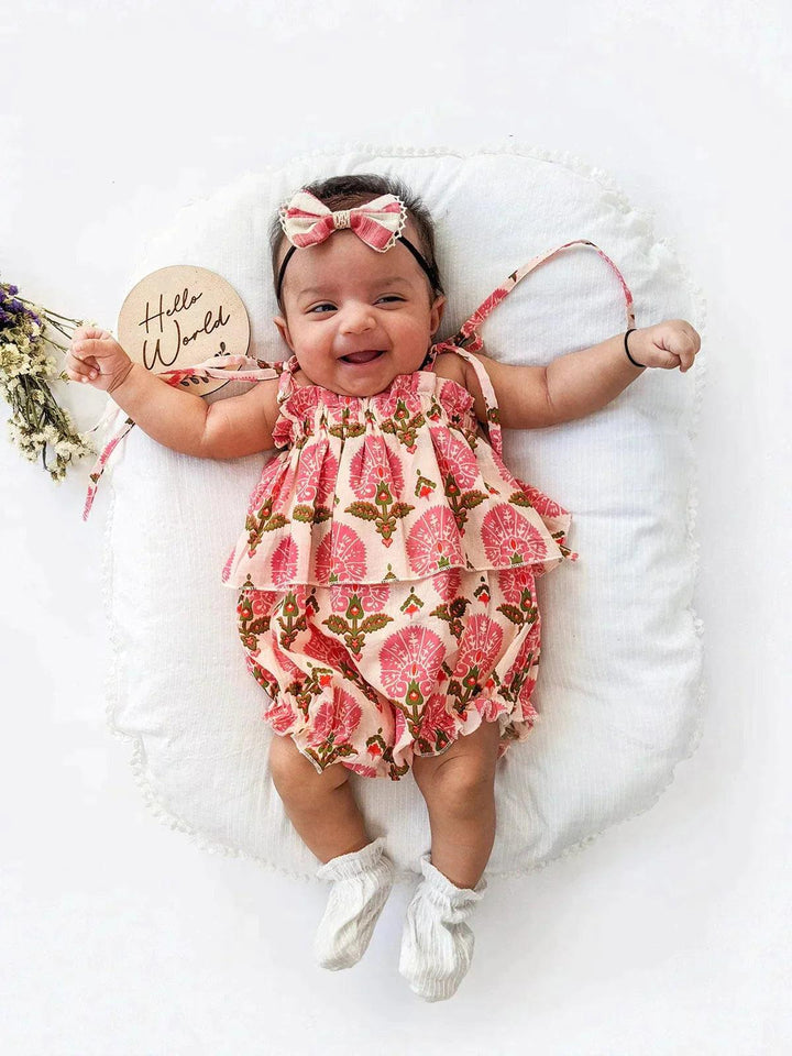 Floral Peach Printed Cotton Baby Girl Frilled Playsuit - VJV Now