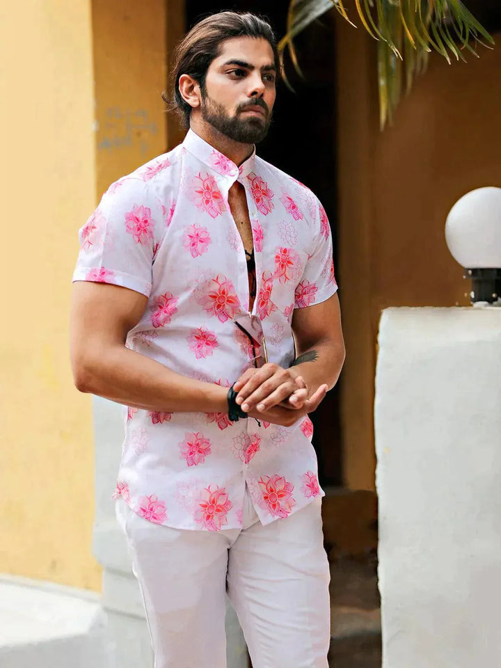 Floral Pink Color Printed Party Wear Mens Shirt - VJV Now