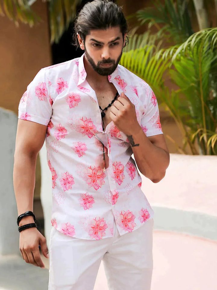 Floral Pink Color Printed Party Wear Mens Shirt - VJV Now
