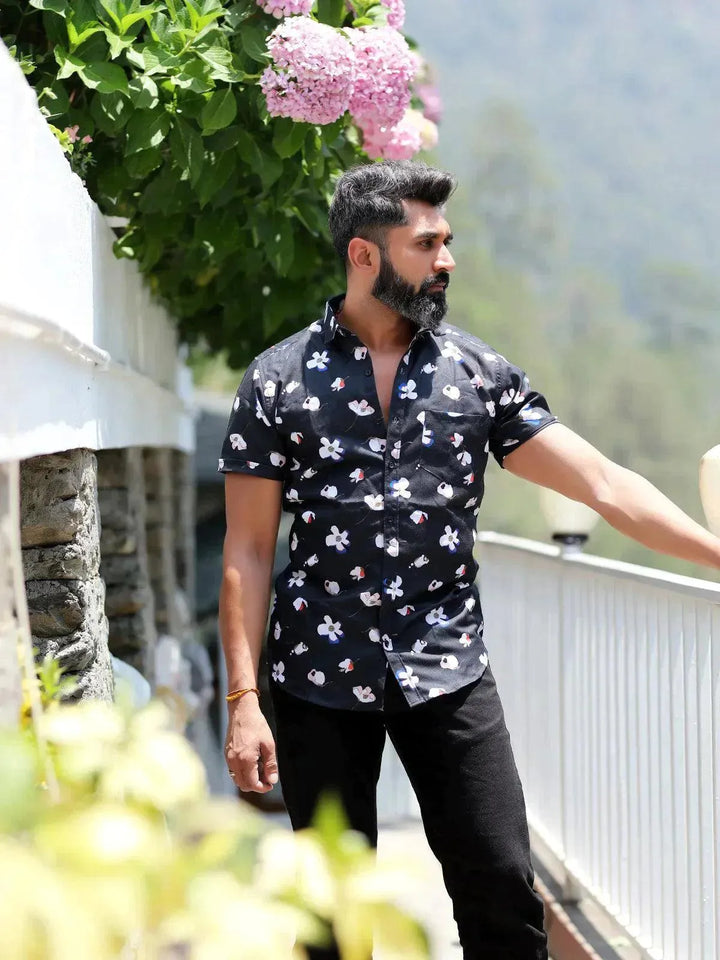 Floral Printed Black Color Party Wear Mens Shirt - VJV Now